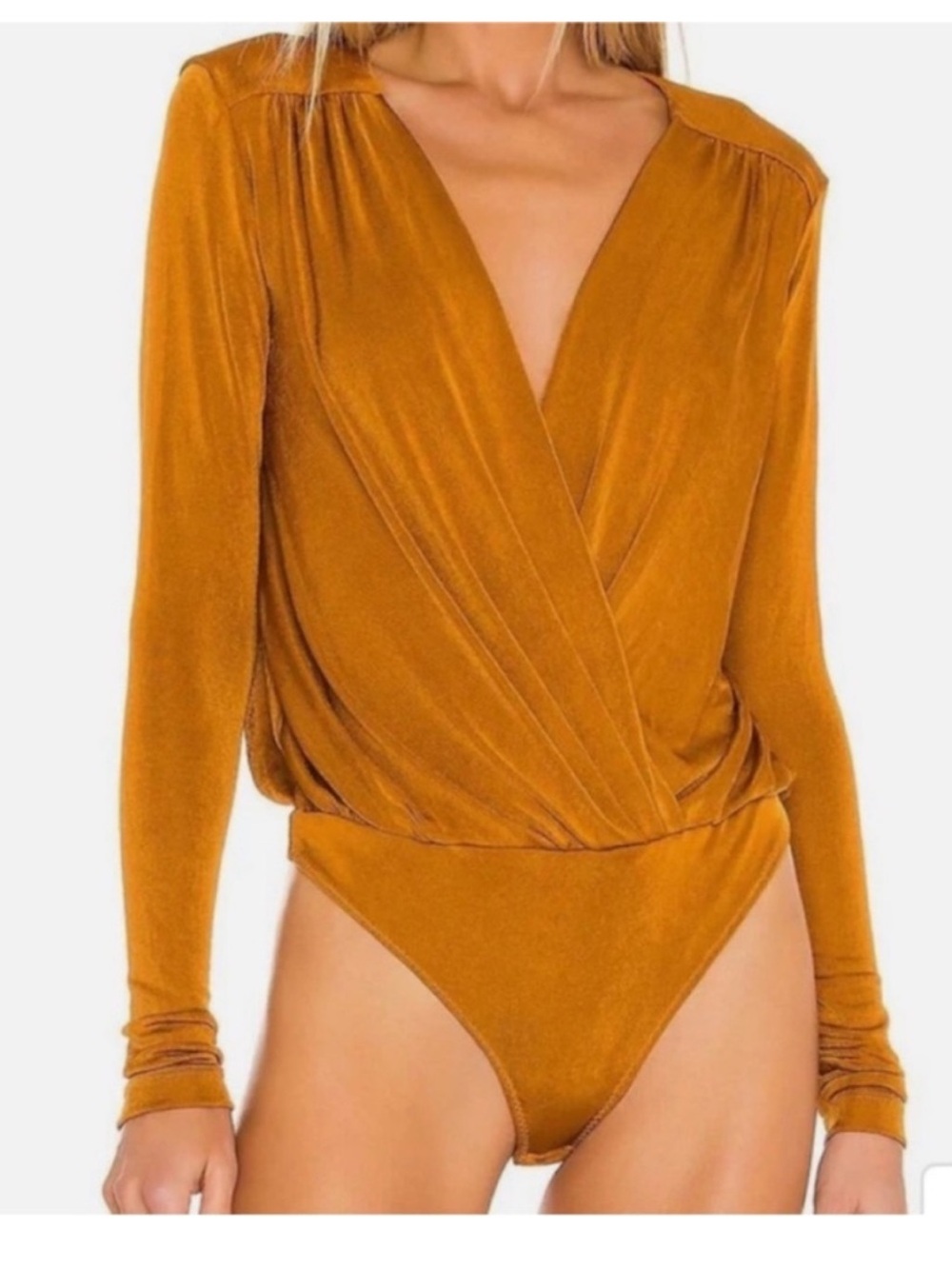 Free People Velvet Surplice Long-Sleeve Bandeau Bodysuit in Mustard